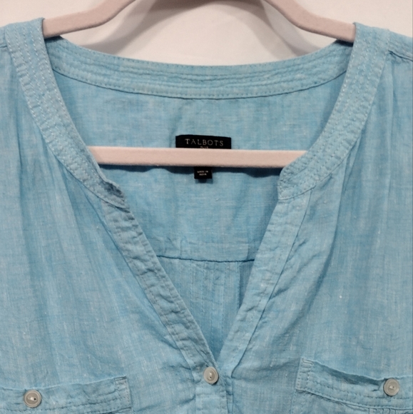 Talbots 100% Linen Tunic Top Women's 2XL Blue Long Sleeve Roll Tab Minimalist - Picture 3 of 9